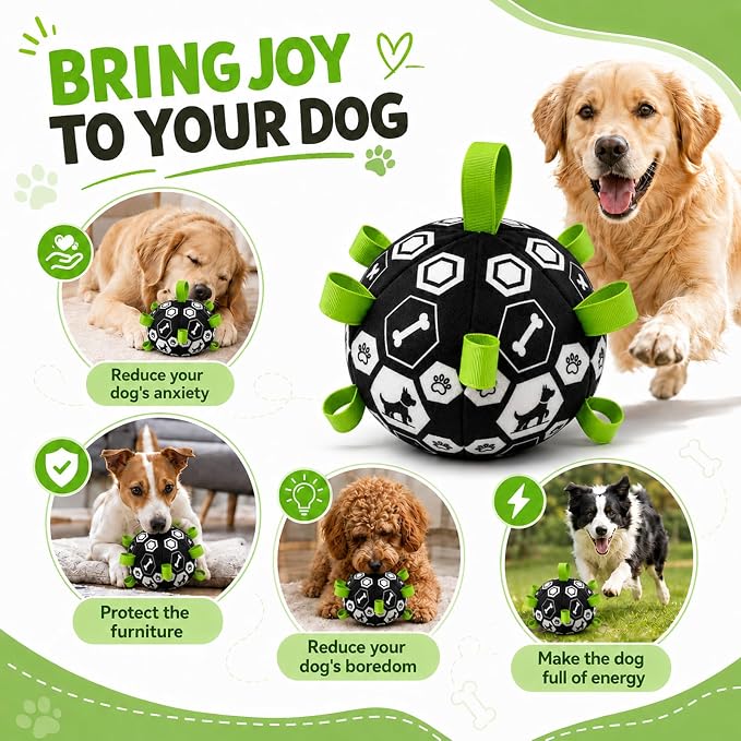 Dog Toys Dog Balls, Dog Soccer Ball Toy with Strap & Built-in Bell