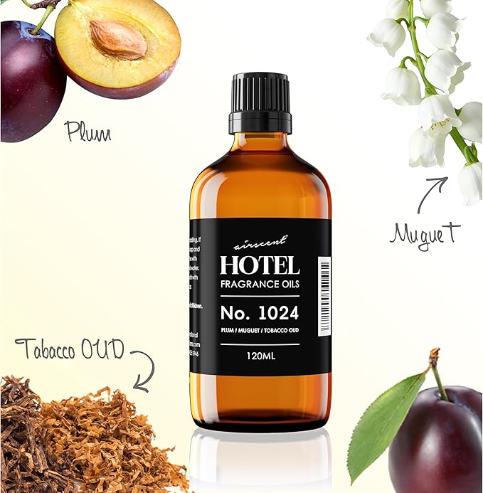 AirScent Hotel Diffuser Oil No. 1024 Inspired by JW M. Hotel - 120 ml | Plum Muguet Tobacco Oud - Hotel Scent Dupe - Fragrance Oil for Ultrasonic and Waterless Diffusers and Crafting - 4 fl oz