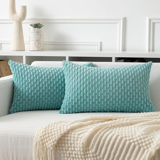 Kevin Textile Soft Corduroy 12"x20" Lumbar Pillow Cover 1 Pack, Aqua Green | Boho Stripe Plush Corduroy Decorative Oblong Cushion Cover Modern Farmhouse Home Decor for Sofa Couch Bed Chair