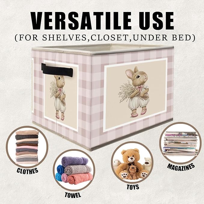 Bunny Nursery Storage Bins Basket, Toybox for Girls Room, Rustic Rabbit Neutral Checkered Collapsible Fabric Storage Box Organizer for Bedroom Bathroom Clothes Books Toys