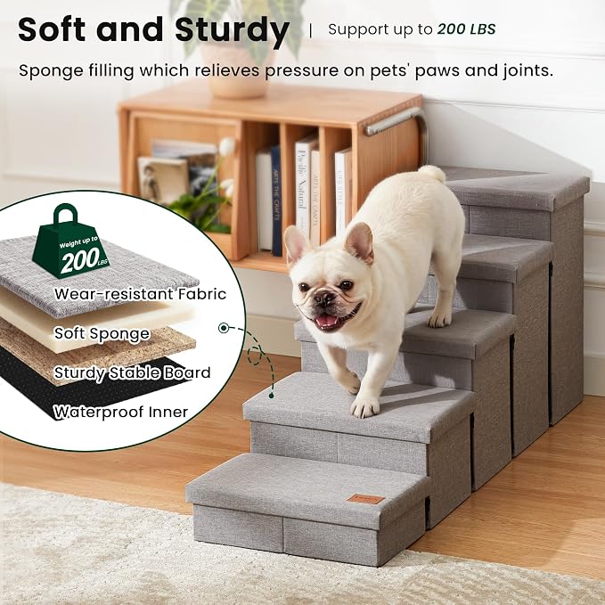 Love's cabin Dog Stairs for High Bed, Foldable Pet Stairs for Small Medium or Large Dogs Puppy with Storage for Bed or Couch, Cat Dog Steps Ramp with Zip up to 200 lbs, Solid Grey, 5 Steps