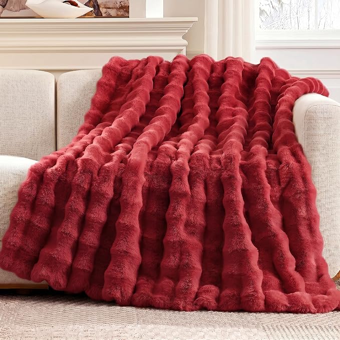 Cozy Bliss Faux Fur Throw Blanket for Couch, Fuzzy Soft Plush Thick Bubble Blanket for Sofa Bedroom Living Room, 60 * 80 Inches Red