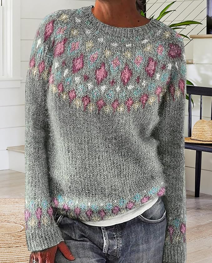 Zhyaj Fair Isle Sweater for Womens Winter Long Sleeve Vintage Knitted Sweater Casual Fall Crew Neck Pullover Sweaters