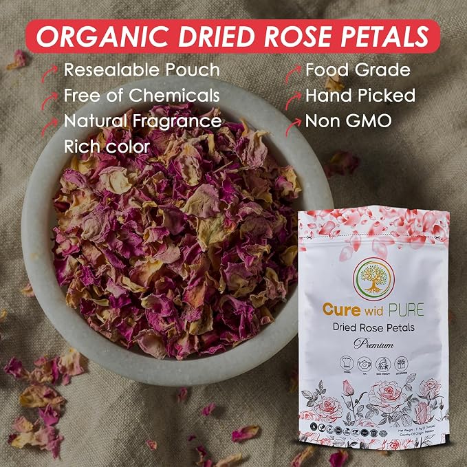 Cure Wid Pure Certified Organic Dried Rose Petals 4 oz Food-Grade Edible Rose Petals for Tea,Cocktails,Baking,Skincare & DIY - Sun-Dried,Non-GMO,Gluten & Chemical-Free Edible Flowers in Resealable Bag
