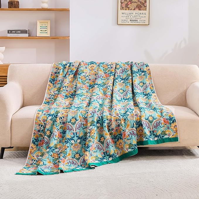 XIBLC Boho Blanket Throw Quilt, 100% Cotton Soft Light Weight Throw Blankets for Summer, 80"x90" Farmhouse Flower Decorative Blankets, All Season Rustic Reversible Bohemian Throw Quilt