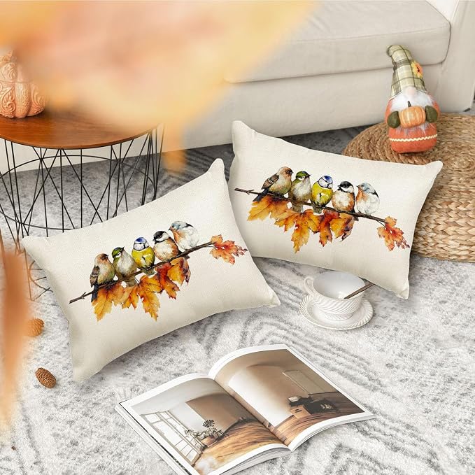 RABUSOFA Fall Pillow Covers 12x20 Inch Bird Autumn Decorations for Home Outdoor Thanksgiving Decor Maple Leaf Decorative Lumbar Throw Pillow Cases Farmhouse for Couch Sofa