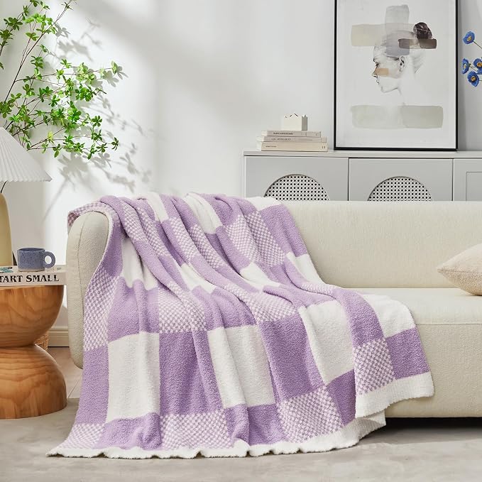 Snuggle Sac Checkered Blanket, Lilac Purple Throw Blanket for Couch Plaid Microfiber Fluffy Warm Cozy Fuzzy Soft Throw Blanket Reversible Checkered Blankets for Sofa, Bed, 60x80 inches