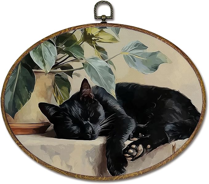 LKETW Vintage Black Cat Sleeping Oval Wall Art Decor, Black Cat Gifts for Women Oval Canvas Hanging Decor, Cottagecore Farmhouse Kitty Wall Decorations for Home Bedroom Living Room, 8.6x11.4 Inch
