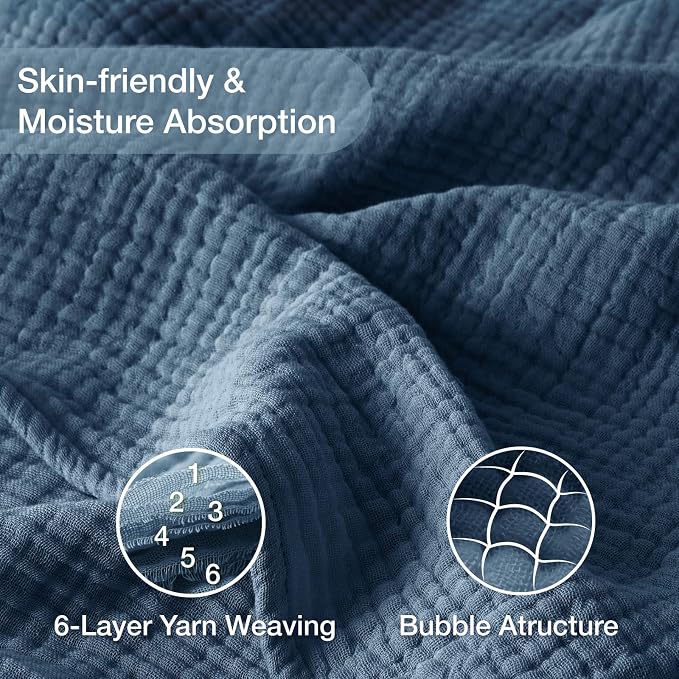 100% Cotton Muslin Blanket Twin XL 66" x 90", 6 Layers Breathable and Lightweight Twin Blanket for Bed, Soft Boho Bedspread, Gauze Bedding for All Season, Blue