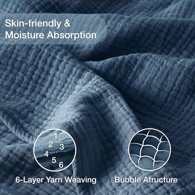 100% Cotton Muslin Blanket California King 120" x 90", 6 Layers Breathable and Lightweight Oversized Blankets for Bed, Soft Cooling Gauze Blanket for Adults All Season, Dark Blue