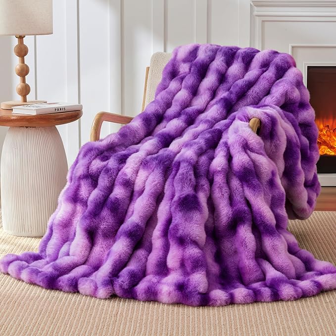 Luxury 1000GSM Rabbit Faux Fur Blanket, Super Warm Cozy Brown Blankets for Couch Bed Sofa, Ruched Plush Fuzzy Elegant Soft Reversible Mink Blanket Living Room Bedroom, 50" x 60", Grape Purple