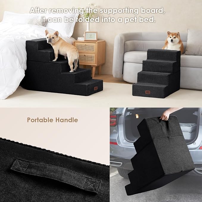 EHEYCIGA Dog Stairs for High Bed 25" H, Extra Wide Dog 5-Step, Black | Pet Steps for Small Dogs and Cats for Bed, Non-Slip Balanced Pet Ramp Indoor