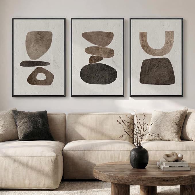 Large Framed Neutral Abstract Canvas Wall Art for Living Room, 3 Piece Wabi-Sabi Minimalist Modern Prints Paintings Artwork for Walls, Pictures Wall Decor for Bedroom, Office, Dining Room 24x36 In