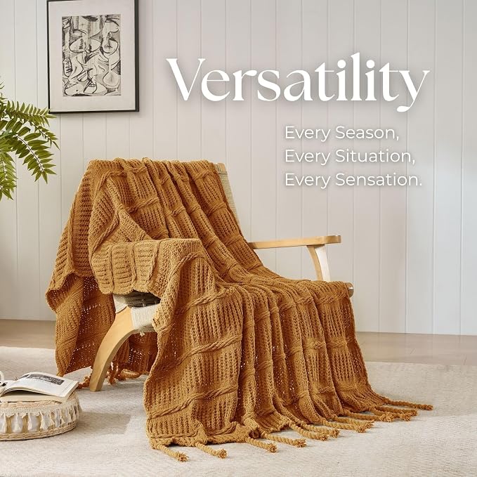 Boho Knitted Chenille Blanket with Tassels - Lightweight & Soft All-Season Throw - 3D Classic Pattern for Living Room Bedroom Couch, Amber Brown, King 90"x108"