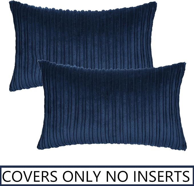 UGS UGASA Pack of 2, Velvet Pillow Covers Striped, Soft Textured Throw Cushion Case Set, Accent Corduroy Lumbar Pillowcases with Hidden Zipper for Home Decor Indoor Outdoor (12"x20", Navy Blue)