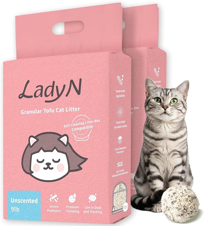 Lady N Tofu Cat Litter, Low Dust Compatible with Auto-Box Unscented 18lb | Mini-Pellet Shape, Strong Clumping, Ultra Absorbent, Activated Charcoal Odor Control