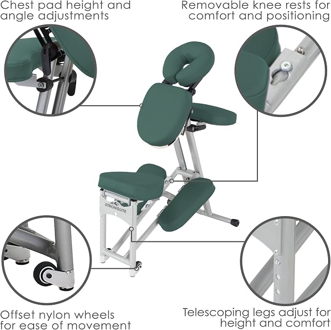 STRONGLITE Portable Massage Chair Ergo Pro II - Ultra-Strong, Lightweight, Foldable Tattoo Spa Chair with Wheels & Carry Case (600lbs Working Weight), Teal