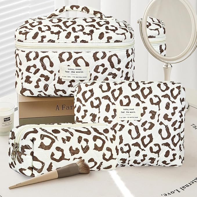 GISMTR 3Pcs Makeup Bag Cotton Quilted Travel Cosmetic Bag Cute Floral Makeup Pouch Large Toiletry Bag for Women Girls