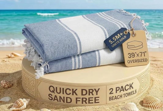 LANE LINEN Turkish Beach Towels, 2 Pack Extra Large Beach Towel, Pre-Washed for Soft Feel, Oversized Sand Free Quick-Dry Pool Towel, Beach Towels for Adults, 39"x71" - Forever Blue