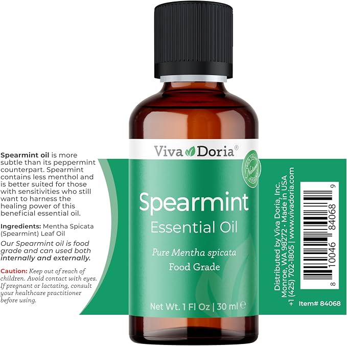 Viva Doria Spearmint Essential Oil, 100% Pure, Natural Essential Oil, Mentha Spicata Variety, Undiluted, for Aromatherapy | Food Grade, 30 mL (1 Fluid Ounce)