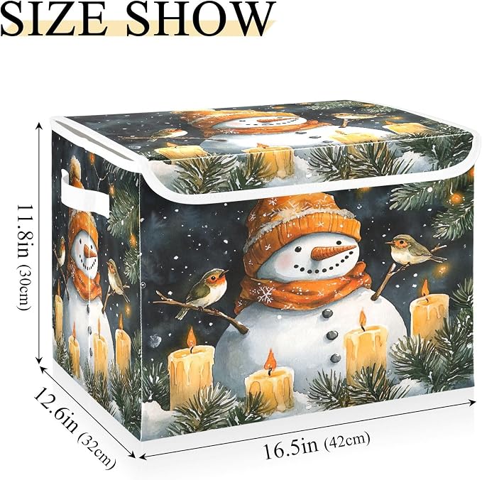Watercolor Snowman Storage Bins with Lids and Carrying Handle,Foldable Storage Boxes Organizer Containers Baskets Cube with Cover for Home Bedroom Closet Office Nursery