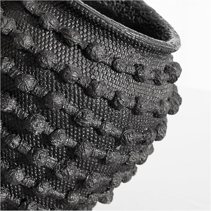 DN DECONATION Rustic Farmhouse Vase, Textured Boho Vase for Home Decor | Black, 8.6 Inch, Cement Decorative Flower Vases with Rope Knots for Living Room, Table Centerpiece, Shelf, Mantel Decoration
