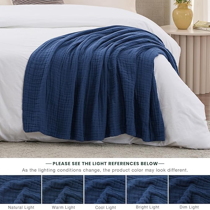 Love's cabin 100% Cotton Muslin Blanket, 6 Layer Lightweight Breathable Gauze Throw Blanket 50 x 60 Inches, Soft All Season Blanket for Couch, Bed, Sofa, Dark Blue