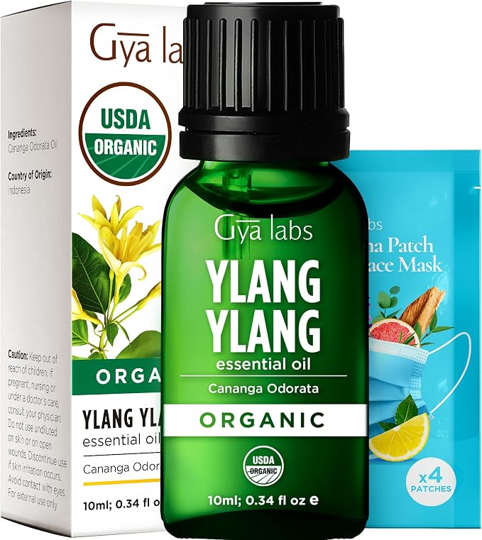 Gya Labs USDA Certified Organic Ylang Ylang Essential Oil - for Skin, Hair, Diffuser, Aromatherapy, DIY Candle Making Scents - 0.34 Fl Oz
