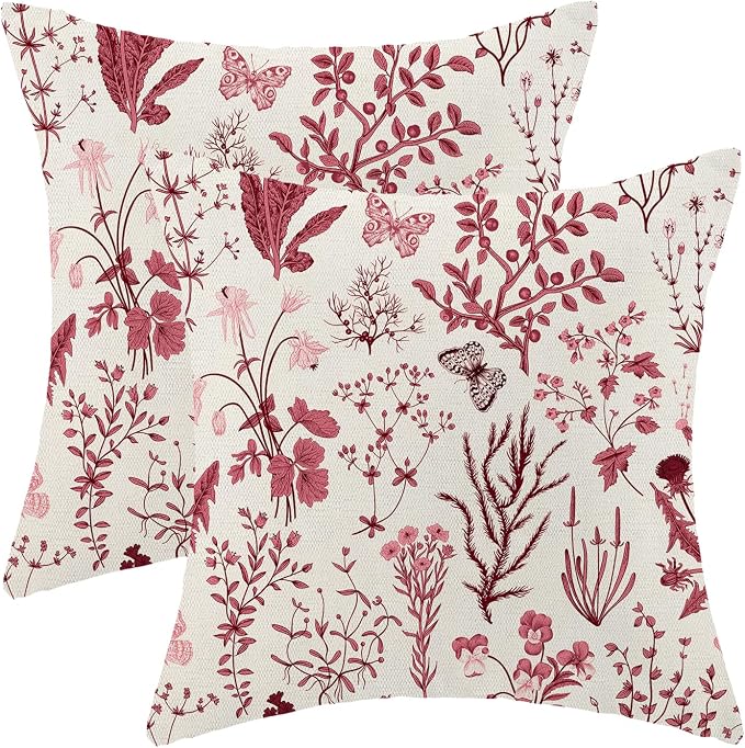 Christmas Pillow Covers 16x16 Inch Set of 2,Burgundy Red Wild Flower Plant Throw Pillows Case,Seasonal Floral Outdoor Decorative Square Linen Farmhouse Decor Cushion Covers for Home Sofa bed Couch