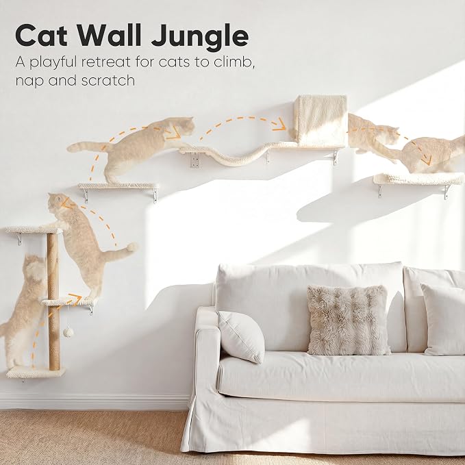 FUKUMARU Cat Wall Shelves, 4 in 1 Set, Beige | Stable & Safe Cat Walls Furniture, Wooden Kitten Climbing Wall with Scratching Post for 16 Inch Drywall