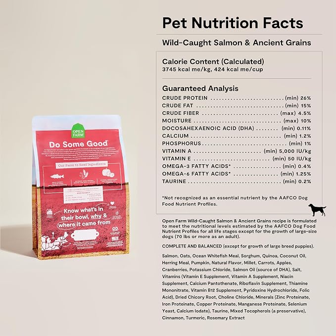 Open Farm Ancient Grains Dry Dog Food, Wild Caught Salmon Kibble, 11lb Bag | All Life Stages, All Breed Sizes, Protein-Rich & Nutrient Dense, 100% Traceable Ingredients, Non-GMO Fruits & Veggies.