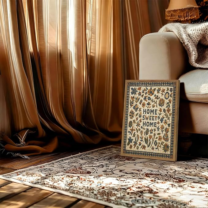 Vintage Mosaic Floral Wall Art Home Sweet Home Tile Florals Wall Decor Painting, Retro Country Boho Poster Canvas Print Picture for Living Room Bedroom 12x16 inch Wood Framed