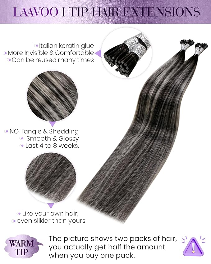LaaVoo Itip Human Hair Extensions Natural Black Mix Silver Grey 80s Balayage I Tip Hair Extensions Human Hair Soft Straight 14 inch 40g