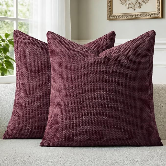 a moment Christmas Wine Red Chenille Throw Pillow Covers 16x16 Inch Pack of 2 Modern Decorative Throw Pillow Covers Farmhouse Cross Covers Home Decor for Sofa Bedroom Living Room