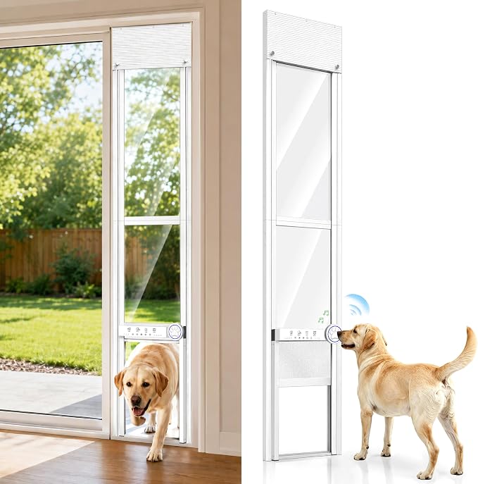 Automatic Doggy Door for Sliding Glass Doors,Doorbell Activation,No Collar | 4 Mode,Electric Sliding Door Dog Doors Insert,Aluminum Frame Patio Door Dog Door,Weatherproof,Anti-Pinch(78 5/16"-83 3/16" H)