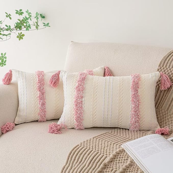 BUIOVBEY Boho Throw Pillow Covers Woven Tufted Pillow Cases with Tassels | Farmhouse Pillow Covers 12x20 Set of 2 Textured Striped Cushion Case Neutral Decorative Pillowcase for Sofa Couch Bed Pink