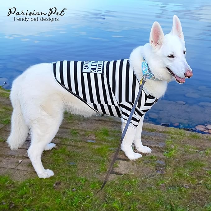 Parisian Pet Prisoner Dog Costume - 100% Cotton Striped Dog Clothes for Large Dogs - Lightweight Puppy Outfits - Funny French Bulldog Clothes - Sleeved Shirt for Dogs - Stretchy Pet Costume