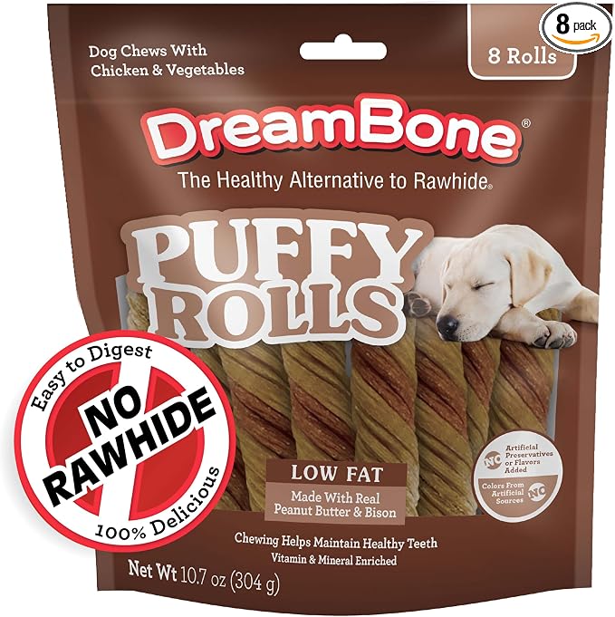 DreamBone Puffy Rolls Rawhide-Free Dog Treats with Real Protein, 8 Count | Daily Chew, Digests Safely and Completely, Made With Real Chicken and Veggies, For Adult Dogs