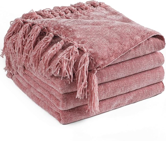 Chenille Throw Blanket for Couch 60" x 80", Twin Mauve | Soft Cozy Warm Throws with Fringe Tassel, for Living Room Bed Sofa Chair Cover, Lightweight Knitted Decorative Boho Blankets