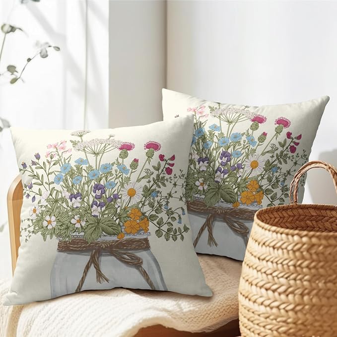Kawani Herb Wildflowers Throw Pillow Covers 22x22 Inch Watercolor Floral Leaves Mason Jar Farmhouse Pillowcases Cotton Linen Cushion Cover for Couch Sofa Bed Seasonal Home Decor Set of 2