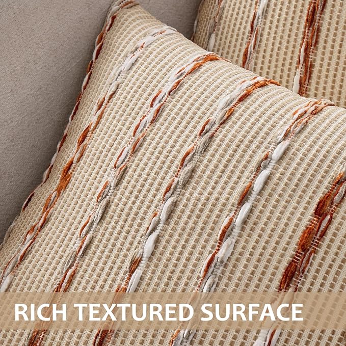 ANRODUO Boho Decorative Throw Pillow Covers Rust Stripe 18x18 Inch Set of 2 | Woven Chenille Decorative Cushion Case with Striped Farmhouse Accent Neutral Pillowcase for Couch Sofa Bed Living, Room Decor