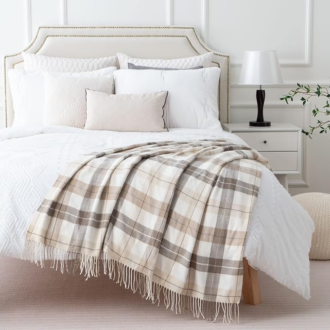 Fall Plaid Throw Blanket for Couch, Farmhouse Throw Blanket 49"x63" | Lightweight Beige Throw Blanket, Super Soft WovenThrow with Tassels, Cozy, Neutral Fall Decor Home Decor