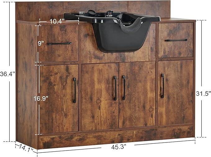 BarberPub Multi-Functional Shampoo Backwash Sink Station, Beauty Salon Cabinet with Faucet Sprayer, Barber Shop Storage Equipment 45.3" x 14.1'' x 36.4" 7139 (Rust Brown)