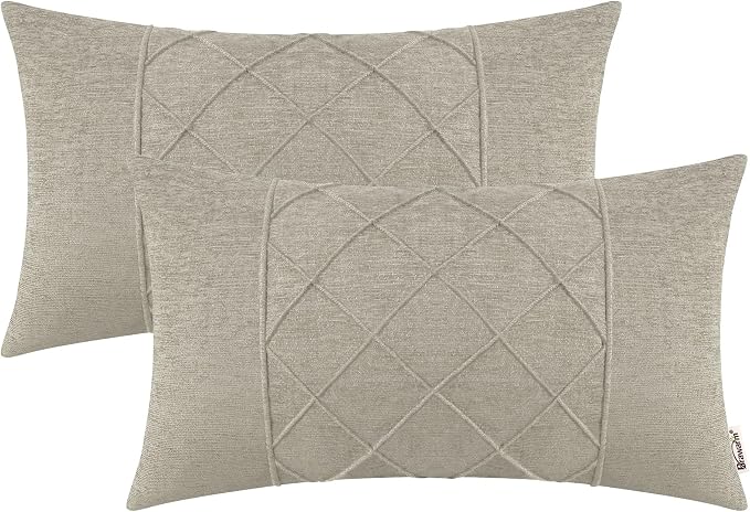 BRAWARM Chenille Throw Pillow Covers 12x20 Inches, Taupe, 2 Pack | Decorative Lumbar Pleated Pillow Covers, Soft Cushion Cases for Sofa Bed Living Room Home Farmhouse (No Insert)