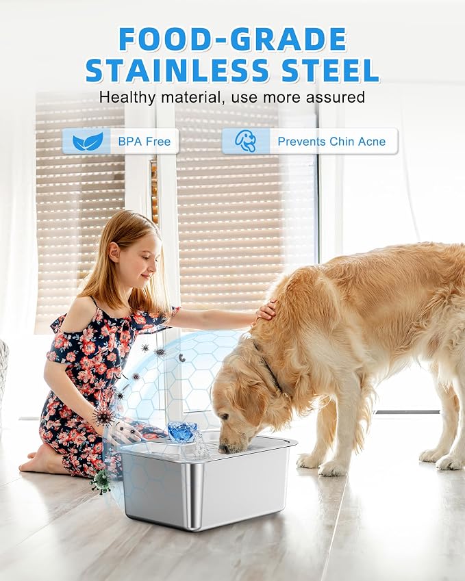 Lesotc Dog Water Fountain, 10L Stainless Steel Large Pet Fountain | Includes 4 Filters, Ultra-Quiet Pump and Circulating Flow, Automatic Dog Water Bowl for Multi-Pet Homes