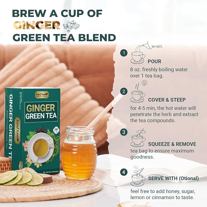 LeafLea Green Tea With Ginger Bags, Digestion & Immune Support, 40 Count | Soothing Ginger Green Tea Blend, Stevia-Sweetened, Low Caffeine, Sugar-Free, Foil-Wrapped Bags