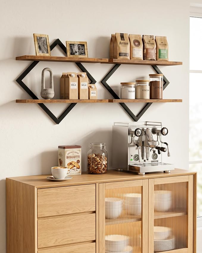 Floating Shelves, Set of 2 Wall Shelves, 2-Tier Hanging Shelves, Wall Shelf Set of 2, Wall Mounted Shelves, for Living Room, Bedroom, Kitchen, Office, Study, Rustic Brown TBJ01P2BF
