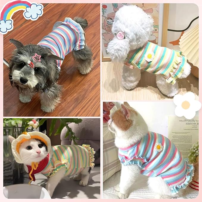 2 Pack Cute Striped Small Dog Shirts, Soft Cotton Girl Dog Clothes Breathable Ruffled Puppy Vest Spring Summer Pet Outfits for Chihuahua Yorkie Maltese and Cats（Purple+Green,Large）