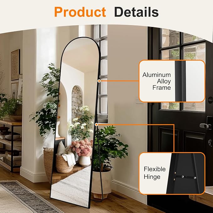 Arched Full Length Mirror, 56"x15" Standing Body Mirror for Wall, Black | Built-in Stand, HD Shatterproof Glass, Aluminum Alloy Frame, Hanging or Standing, for Bedroom, Living Room & Dressing Room