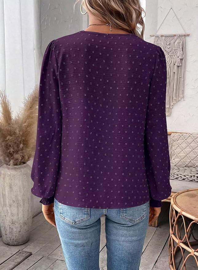 Womens Tops Swiss Dot Boho Long Sleeve Shirts V Neck Casual Chiffon Blouses Flowy Lace Hem Cute Clothing Trendy 2026